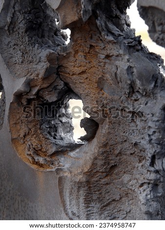 Wall, hole and damage of a concrete structure during war on a battlefield for military conflict. Construction, building and target shooting with exterior destruction of a surface in a warzone Zdjęcia stock © 