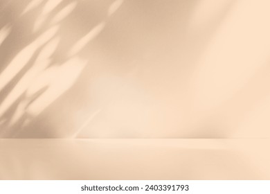 Wall interior background, studio  and backdrops show products. with leaf shadow from window color beige and white. background for text insertion and presentation of product 