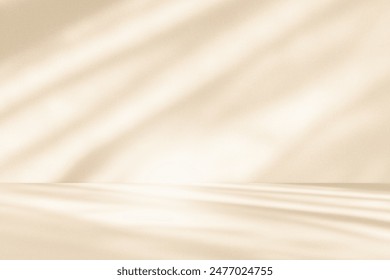 Wall interior background, studio  and backdrops show products. with leaf shadow from window color beige and white. background for text insertion and presentation of product 