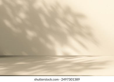Wall interior background, studio  and backdrops show products. with leaf shadow from window color beige and white. background for text insertion and presentation of product 