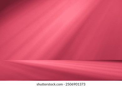 Wall interior background, studio  and backdrops show products. with leaf shadow from window color pink and white tone. background for text insertion and presentation of product 