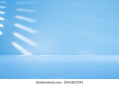 Wall interior background, studio  and backdrops show products.with shadow from window color white and blue light. background for text insertion and presentation product 