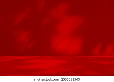 Wall interior background, studio  and backdrops show products. with leaf shadow from window color red and white tone. background for text insertion and presentation of product