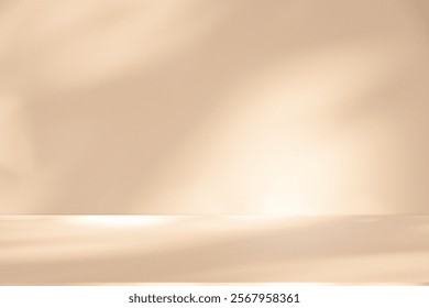 Wall interior background, studio  and backdrops show products. with leaf shadow from window color beige and white. background for text insertion and presentation of product 