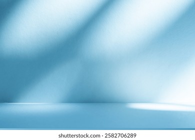 Wall interior background, studio  and backdrops show products.with shadow from window color white and blue light. background for text insertion and presentation product 