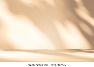 Wall interior background, studio  and backdrops show products. with leaf shadow from window color beige and white. background for text insertion and presentation of product 