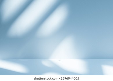 Wall interior background, studio  and backdrops show products.with shadow from window color white and blue light. background for text insertion and presentation product 