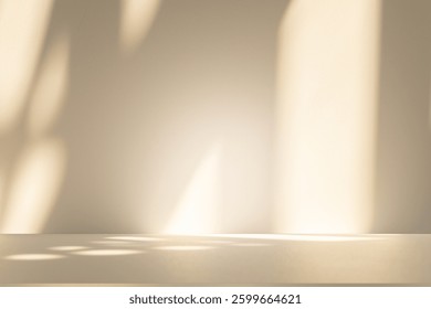 Wall interior background, studio  and backdrops show products. with leaf shadow from window color beige and white. background for text insertion and presentation of product 