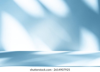Wall interior background, studio  and backdrops show products.with shadow from window color white and blue light. background for text insertion and presentation product 