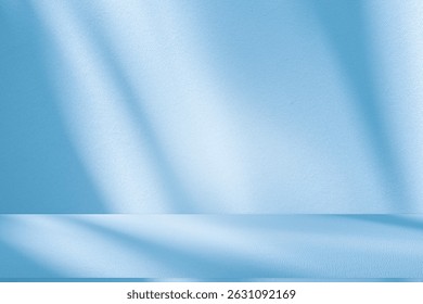 Wall interior background, studio  and backdrops show products.with shadow from window color white and blue light. background for text insertion and presentation product 