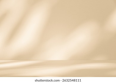 Wall interior background, studio  and backdrops show products. with leaf shadow from window color beige and white. background for text insertion and presentation of product 