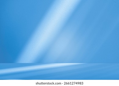 Wall interior background, studio  and backdrops show products.with shadow from window color white and blue light. background for text insertion and presentation product 