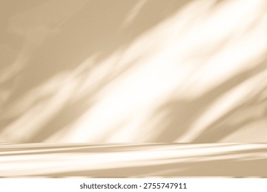 Wall interior background, studio  and backdrops show products. with leaf shadow from window color beige and white. background for text insertion and presentation of product 