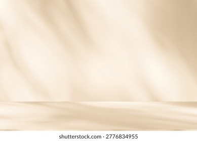 Wall interior background, studio  and backdrops show products. with leaf shadow from window color beige and white. background for text insertion and presentation of product 