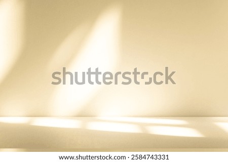 Wall interior background, studio  and backdrops show products. with leaf shadow from window color beige and white. background for text insertion and presentation of product 