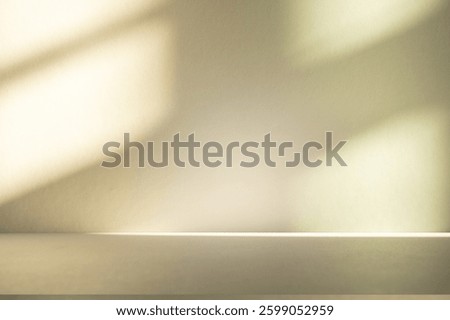 Wall interior background, studio  and backdrops show products. with leaf shadow from window color beige and white. background for text insertion and presentation of product 