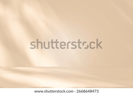 Wall interior background, studio  and backdrops show products. with leaf shadow from window color beige and white. background for text insertion and presentation of product 