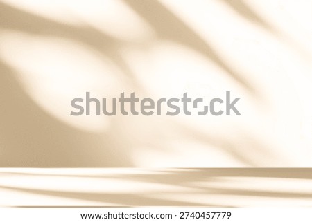 Wall interior background, studio  and backdrops show products. with leaf shadow from window color beige and white. background for text insertion and presentation of product 