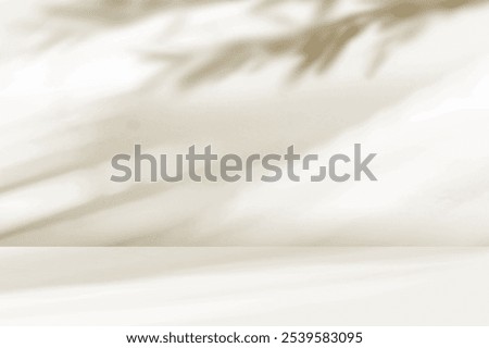 Wall interior horizontal background. Beige studio background for product presentation. Shadow of leaves. Sunlight on empty room wall and floor.