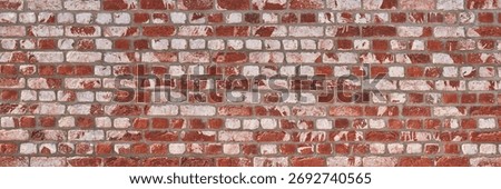 Wall made of red white bricks and joints made of gray mortar - panoramic background                       