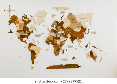 Wall map of the world made of wood