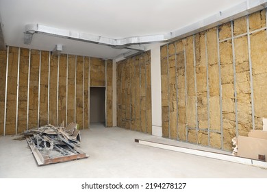 Wall With Metal Studs And Insulation Material Indoors. Repair And Maintenance