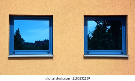 Wall With Modern Square Small Windows In The School And Office Building