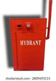 Wall Mounted Fire Hydrant Cabinet with Emergency Alarm Isolated on White Background and Soft Shadow. Clean front perspective of a red hydrant cabinet equipped with alarm components and vertical pipe, suitable for illustrating fire protection systems, industrial facilities, commercial buildings, and emergency preparedness.