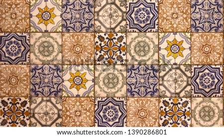 wall of multicolored tiles with ethnic patterns pottery retro
