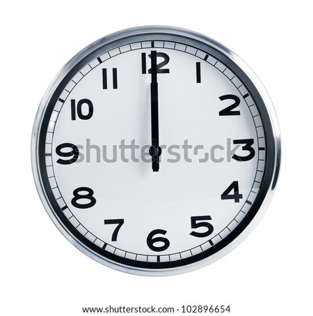 Wall office clock showing at noon on a white background