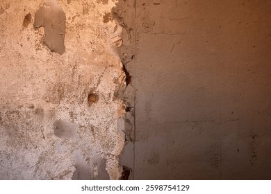 A wall with the old plaster removed and a layer of new plaster. Repair of the walls of the room. 