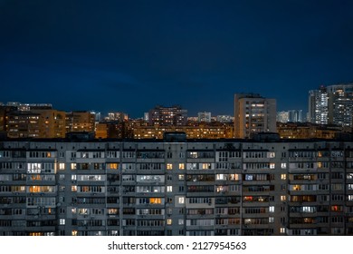 Wall Of An Old Residential Building In Kyiv At Night.