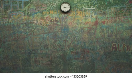 Wall painted with a clock
