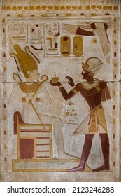 Wall Relief Of Pharaoh Seti I  Offering To The God Osiris At Abydos Temple.  Egypt.