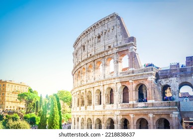 Wall Of Ruins, Famous Colosseum In Rome, Italy