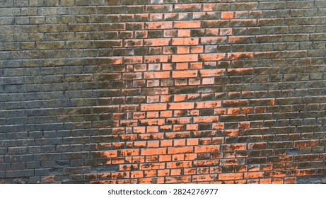 The wall shows a pattern of orange streaks among uncolored bricks. Sunlight creates a bright contrast on the surface as it sits in an urban location.