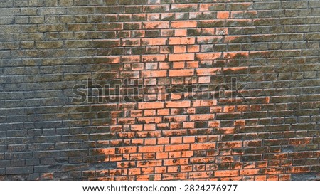 The wall shows a pattern of orange streaks among uncolored bricks. Sunlight creates a bright contrast on the surface as it sits in an urban location.