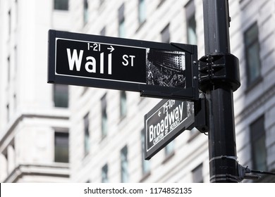 Wall St. Street Sign In Lower Manhattan, New York City, USA.