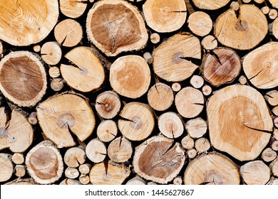 Wall of stacked wood logs as background. Pile of wood logs ready for winter. Round wooden stumps, texture background. Firewood stacked and prepared for winter. Woodpile. forestry industry - Powered by Shutterstock