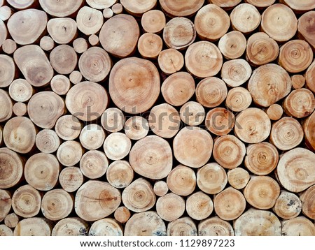 Wall of stacked wood logs as background