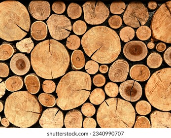 wall of stacked wooden logs. Background texture. High quality photo