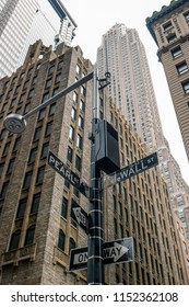 Wall Street Intersection With High Risers Around, Manhattan, New York City