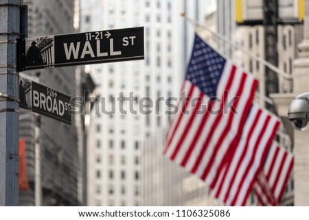 Wall street sign in New York City with American flags and New York Stock Exchange in background.