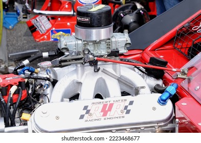 Wall Township, NJ, USA - July 9, 2022: A High-performance V8 Stock Car Racing Engine Used To Power A NASCAR Modified Tour Stock Car. 