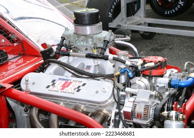 Wall Township, NJ, USA - July 9, 2022: A High-performance V8 Stock Car Racing Engine Used To Power A NASCAR Modified Tour Stock Car. 