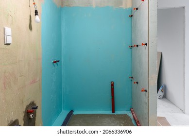 Wall Waterproofing In A Shower Cabin. A Bathroom In Renovation