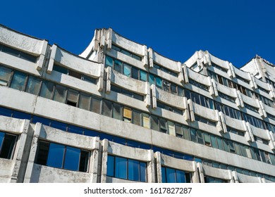 Wall With Windows Fragment Of Building In Saint-Petersburg, Russia, Soviet Modernism Era Brutalist Style