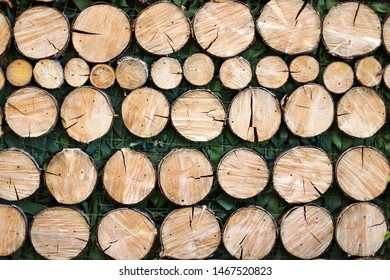The wall of wooden cuts of logs of different sizes