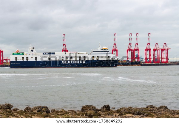 Wallasey, UK: Jun 3, 2020: Seatruck Progress, a\
ro-ro ferry, arrives in Liverpool having travelled from Dublin. The\
ferry operates under the flag of Isle of Man & specialises in\
unaccompanied freight