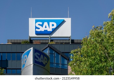 WALLDORF, GERMANY - Dec 12, 2021: SAP Company Logo On The Main Building In Walldorf, Germany  Blue Sky